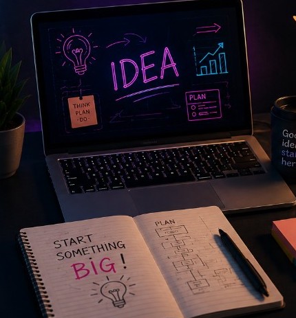 Workspace with IDEA laptop screen, notebook plan pages, and Good ideas start here mug