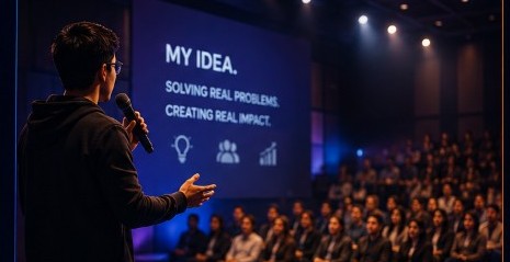 Innovator pitching on stage: My Idea — solving real problems, creating real impact